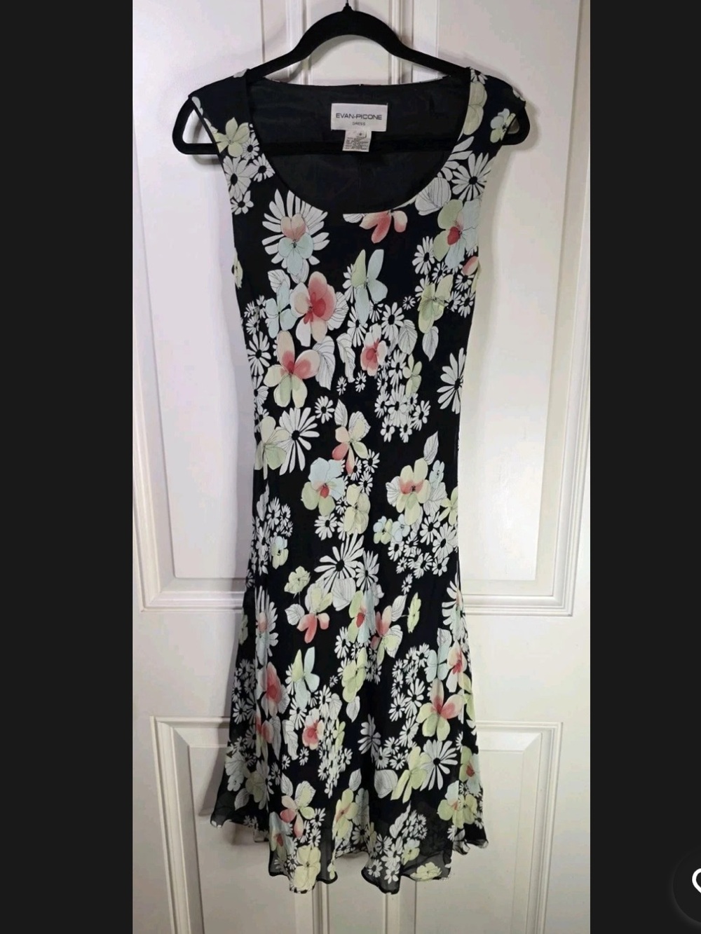 Vintage Y2K Rom Com Floral Black Midi Dress Sleeveless Fit & Flare Size 8